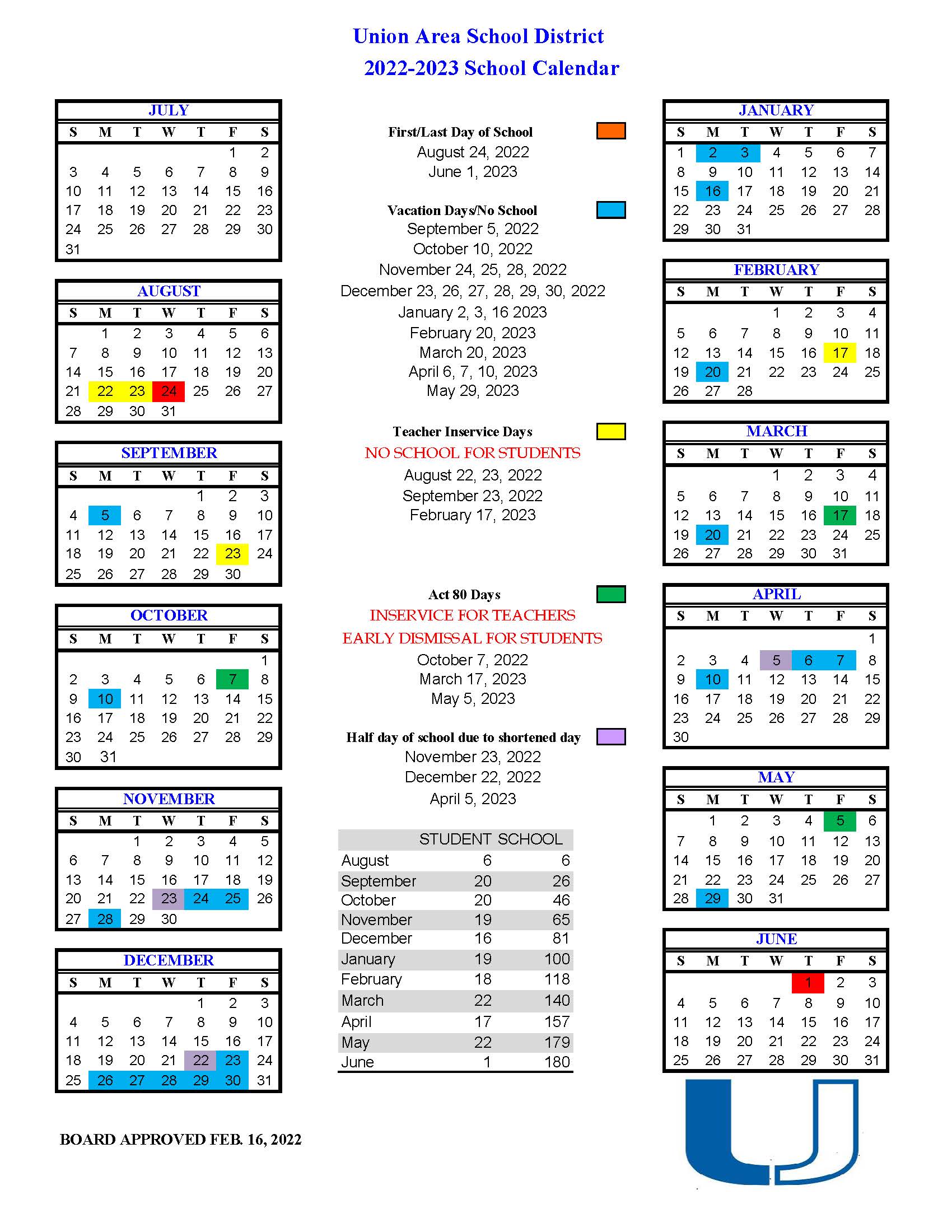 Union Area School District Calendar 2023 and 2024 - PublicHolidays.com